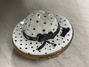 Limoges France Porcelain Trinket Box White Wide-Brimmed Hat Black Polka Dot